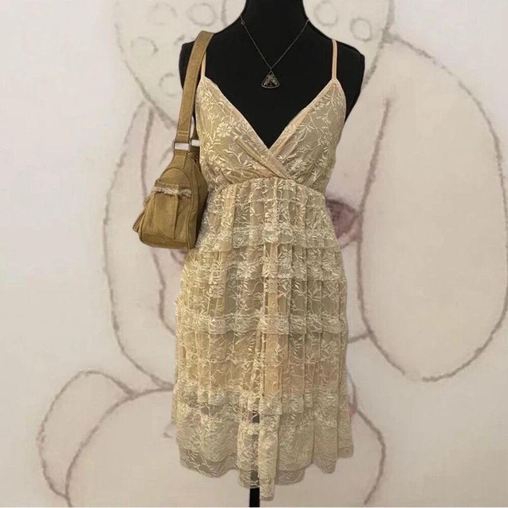 cream tiered floral lace ruffle midi dress